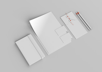 Base white stationery mockup template for branding identity on gray background for graphic designers presentations and portfolios. 3D rendering.
