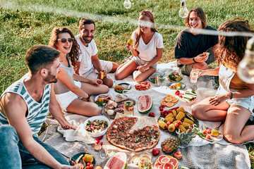 Group of friends having picnic in a park on a sunny day - obrazy, fototapety, plakaty