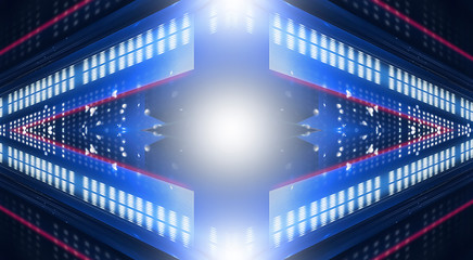 Fototapeta premium Dark abstract futuristic neon blue background. Neon lines glow. Neon lines, shapes. Empty stage background.