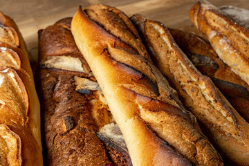 French baguettes. Fresh crisp bread. Bread background.