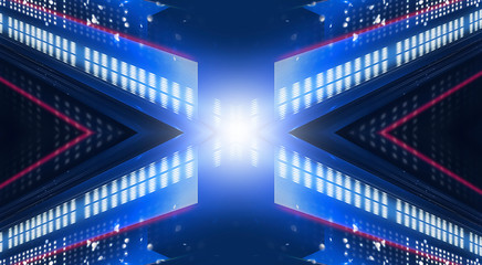 Dark abstract futuristic neon blue background. Neon lines glow. Neon lines, shapes. Empty stage background.