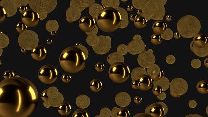 Abstract luxury background with gold spheres, Reminiscent of jewelry, and minimalist black bacground, 3d rendering
