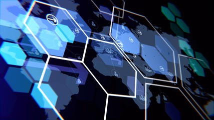 Dark blue background of hexagon pattern showing technology and development with shallow death of field
