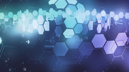 Glow light blue, green, pink, purple, background of hexagon pattern showing technology and...