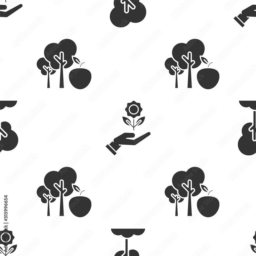 Poster set tree in the ground, hand holding flower and tree with apple on seamless pattern. vector