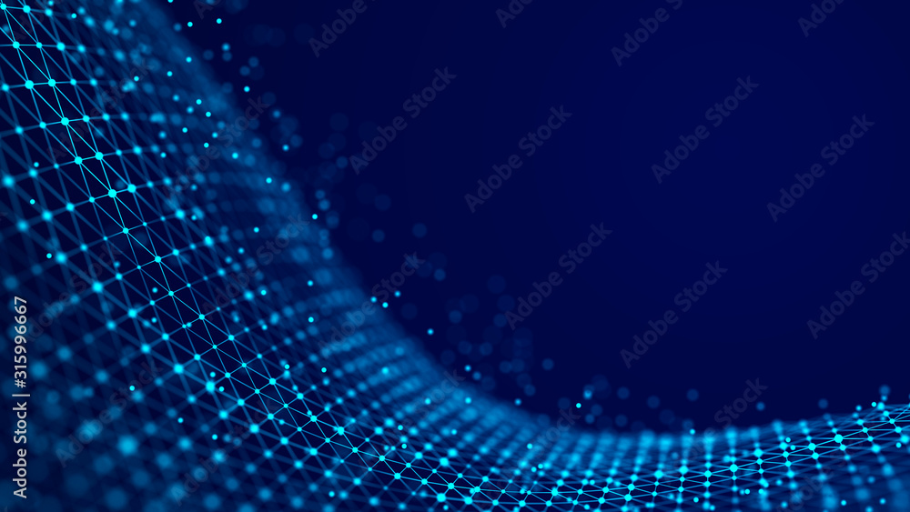 Aufkleber Wave of interlacing points and lines. Abstract background. Technological style. Big data. 3d rendering.