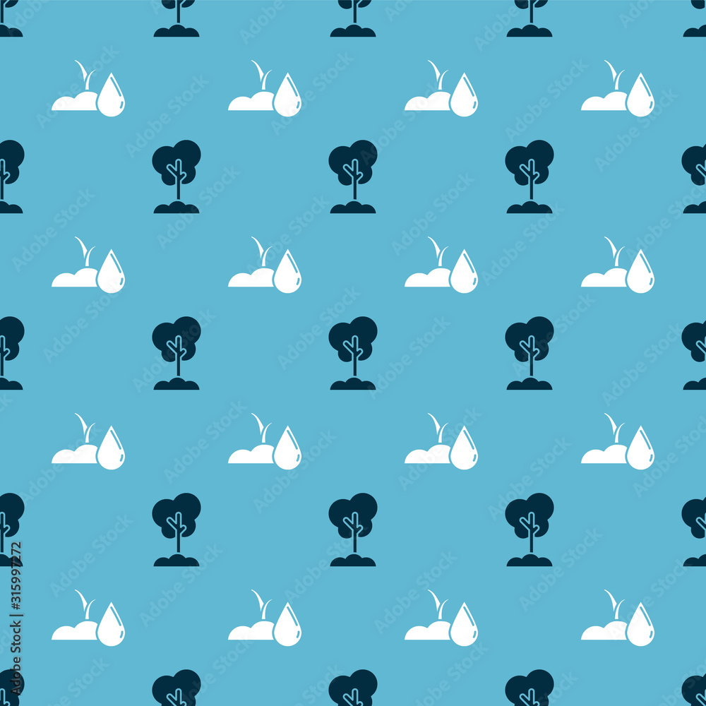 Aufkleber set tree in the ground and watering sprout on seamless pattern. vector