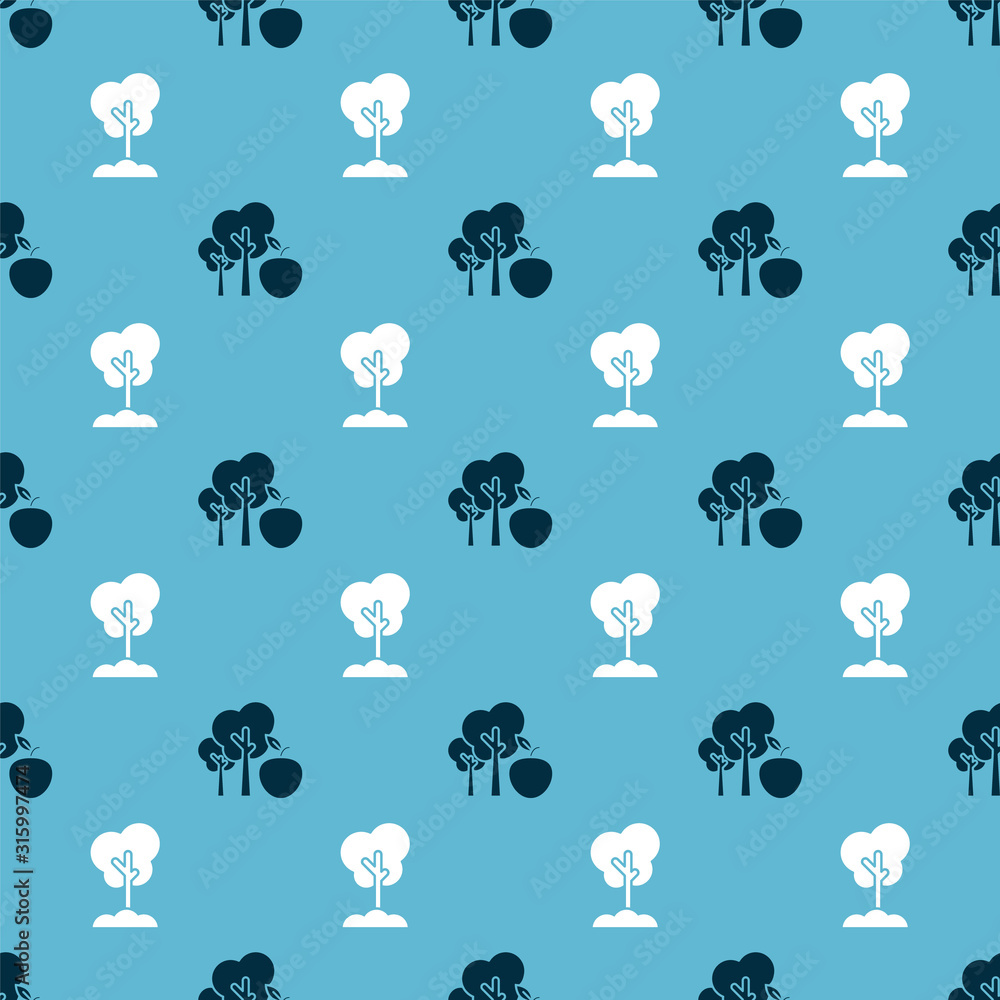 Poster set tree with apple and tree in the ground on seamless pattern. vector
