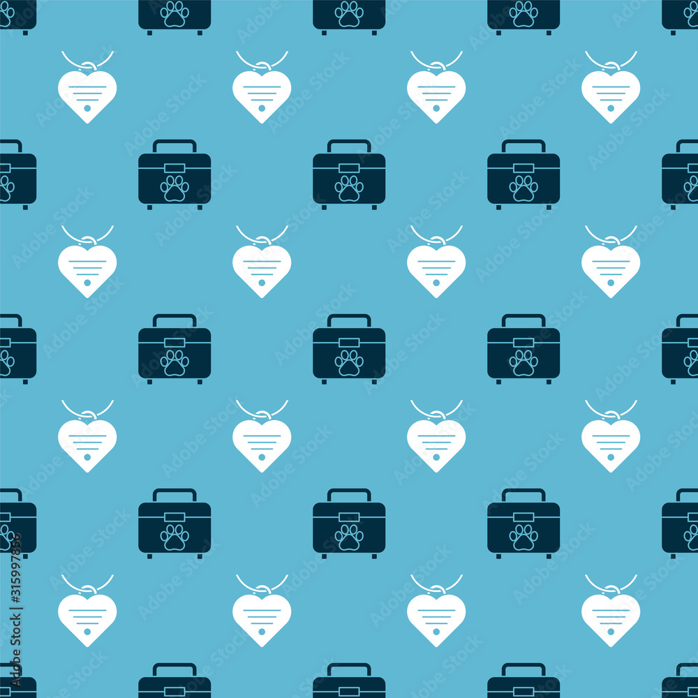 Poster set pet first aid kit and collar with name tag and heart on seamless pattern. vector