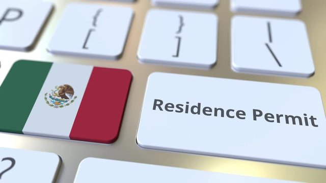 Residence Permit text and flag of Mexico on the buttons on the computer keyboard. Immigration related conceptual 3D animation