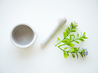 White marble mortar and pestle pharmaceutical equipment for grind and extract herb decorated with plastic violet flower and green leaf look like relax aroma beauty spa top view on isolated background