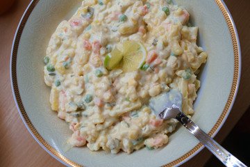 traditional Christmas potato salad served on a fish dinner on Christmas Eve