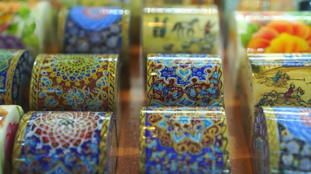 Slowly zooming, showing Khatam Kari, beautiful Isfahan souvenir, which sold at old bazaar near Naqsh-e Jahan square in Esfahan/ Isfahan, Iran.