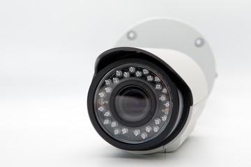 Surveillance video camera isolated on neutral background