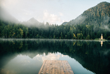 Morning on lake in forest