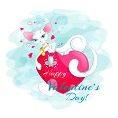 A white cat holds a mouse and lies on a big red heart postcard. Vector illustration for Valentine's Day.