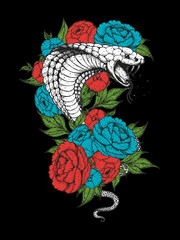 Cobra snake and flowers hand drawn illustration. Tattoo vintage print. Hand drawn floral print. Tattoo design.
