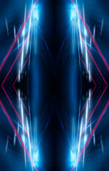 Dark abstract futuristic neon blue background. Neon lines glow. Neon lines, shapes. Multi-colored glow, blurry lights. Empty stage background.