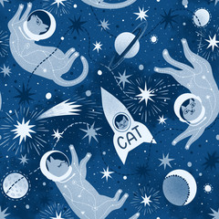 Fototapeta na wymiar Seamless cosmic pattern with cats astronauts and stars in the sky.