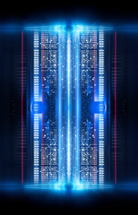Dark abstract futuristic neon blue background. Neon lines glow. Neon lines, shapes. Multi-colored glow, blurry lights. Empty stage background.