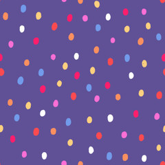 Seamless pattern with colourful polka dots on purple background 