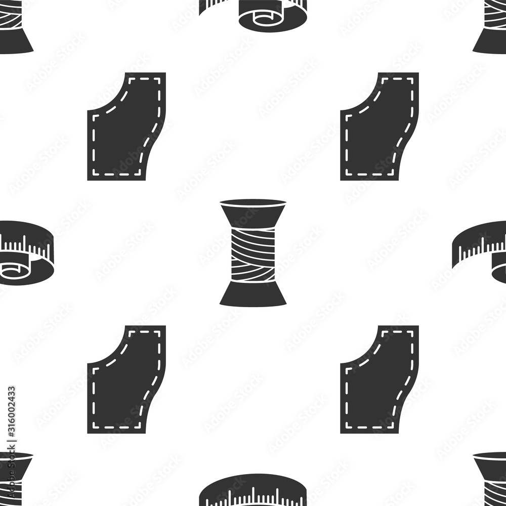 Sticker set tape measure, sewing thread on spool and sewing pattern on seamless pattern. vector