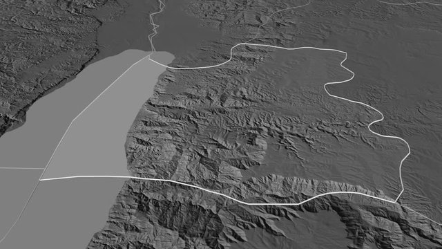 Madaba, province with its capital, zoomed and extruded on the bilevel map of Jordan in the conformal Stereographic projection. Animation 3D