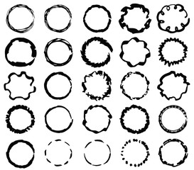 Big set of isolated vector black grunge thick scratch and wavy ink brush round frames. Dirty hand drawn textured inky line circles collection for graphic design, decoration