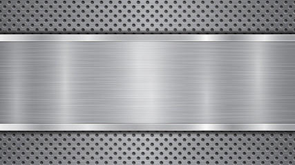 Background in gray colors, consisting of a metallic perforated surface with holes and a polished plate with metal texture, glares and shiny edges