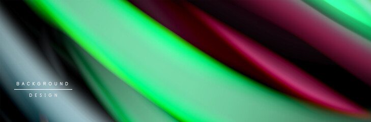 Silk and smooth flow wave poster design. Color waves, liquid style lines and shapes in black color background