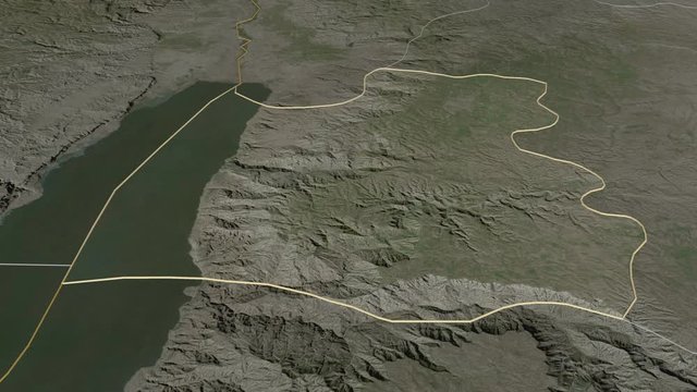 Madaba, province with its capital, zoomed and extruded on the satellite map of Jordan in the conformal Stereographic projection. Animation 3D