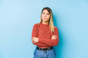 young caucasian woman posing isolated unhappy looking in camera with sarcastic expression.