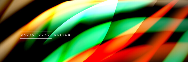 Сolorful flow poster. Wave liquid lines and shapes in black color background. Vector Illustration