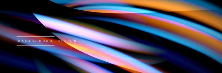 Сolorful flow poster. Wave liquid lines and shapes in black color background. Vector Illustration