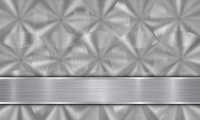 Abstract metal background in silver colors, consisting of a metallic surface with circular brushed texture and polished metal plate with shiny edges