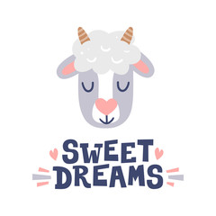 Sweet dreams. Sheep head and hand drawn quote. Cute animal face character for greeting cards.