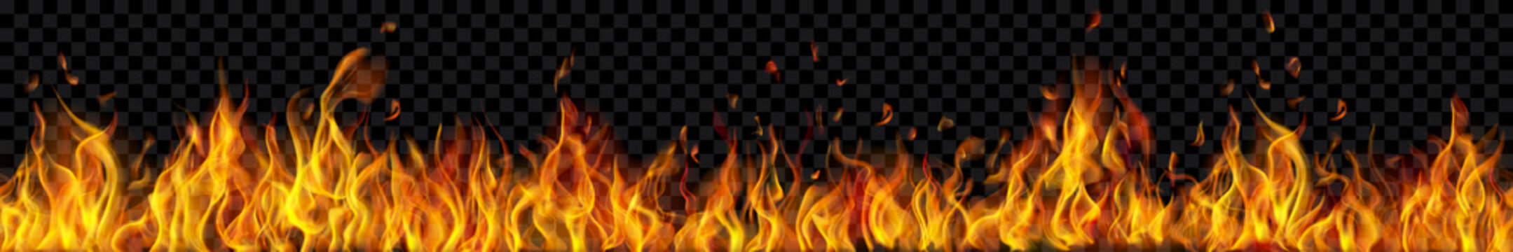 Banner of translucent fire flames and sparks with horizontal repetition on transparent background. For used on dark illustrations. Transparency only in vector format