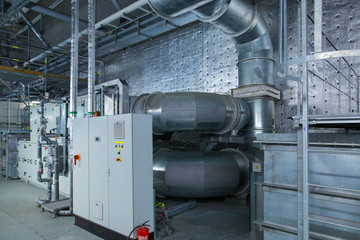 Systems of the microclimate support at a large industrial site. Air pipelines inlet and exhaust. Fans and air conditioning. Systems of control of pressure, humidity, temperature.