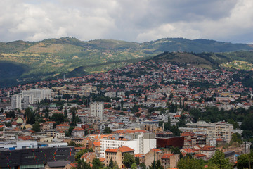 Fototapeta na wymiar view of the architecture of the city of Sarajevo - the capital of Bosnia and Herzegovina. Top view on a stormy stormy day before the rain.