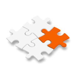 3D jigsaw puzzle pieces. White pieces with one orange highlighted. Team cooperation, teamwork or solution business theme. Vector illustration with dropped shadow