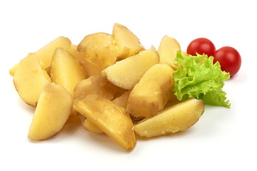 Rustic boiled potatoes, isolated on white background