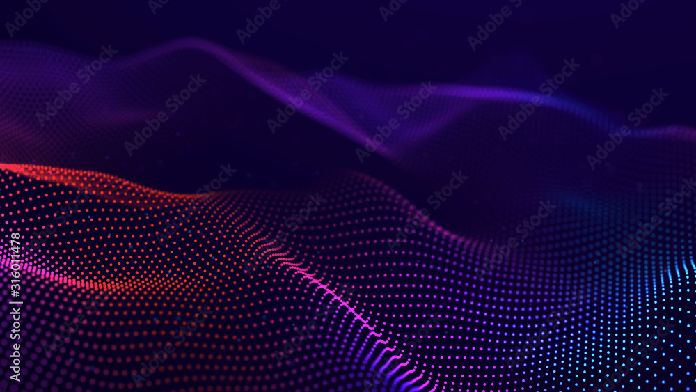 Poster Abstract futuristic wave. Network connection dots and lines. Digital background. 3d rendering.