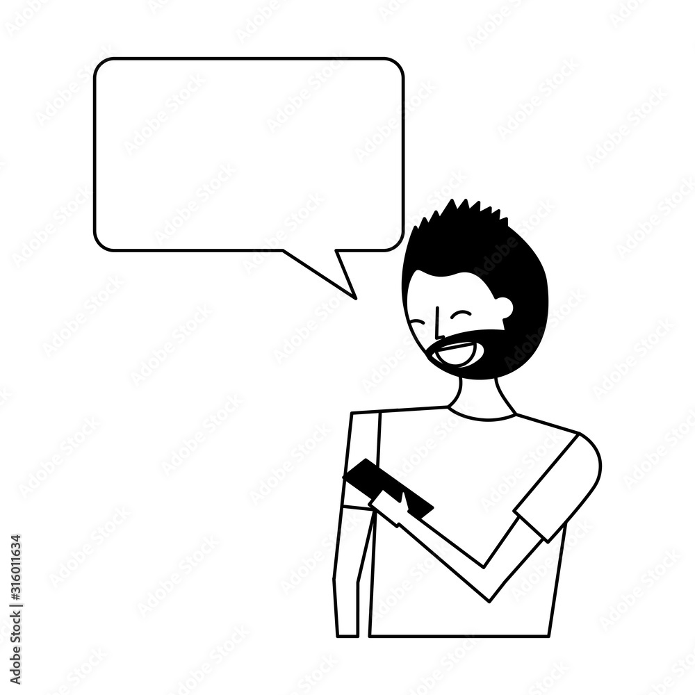 Poster man with smartphone and speech bubble character