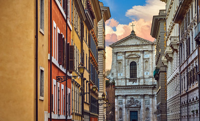 Rome, Italy. View at church Santa Susanna. Picturesque landscape in old historic district. Facade...