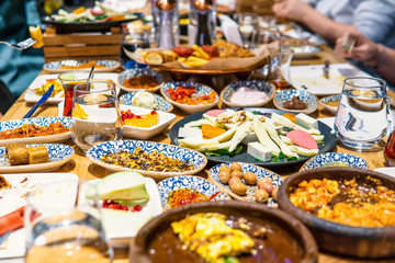 turkish breakfast table. Many breakfast items on the table
