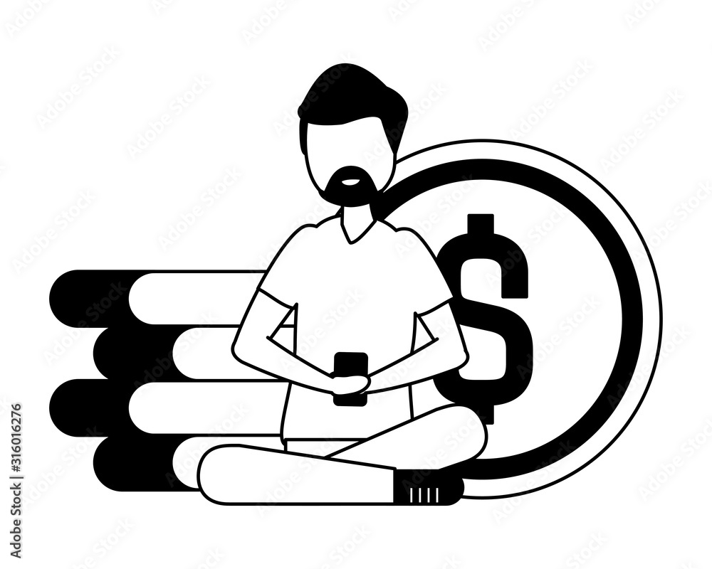 Poster man with smartphone and coins avatar character