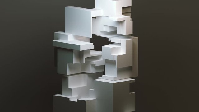 Cg animation of geometry combination and subtraction forming an abstract, detailed shape variations.