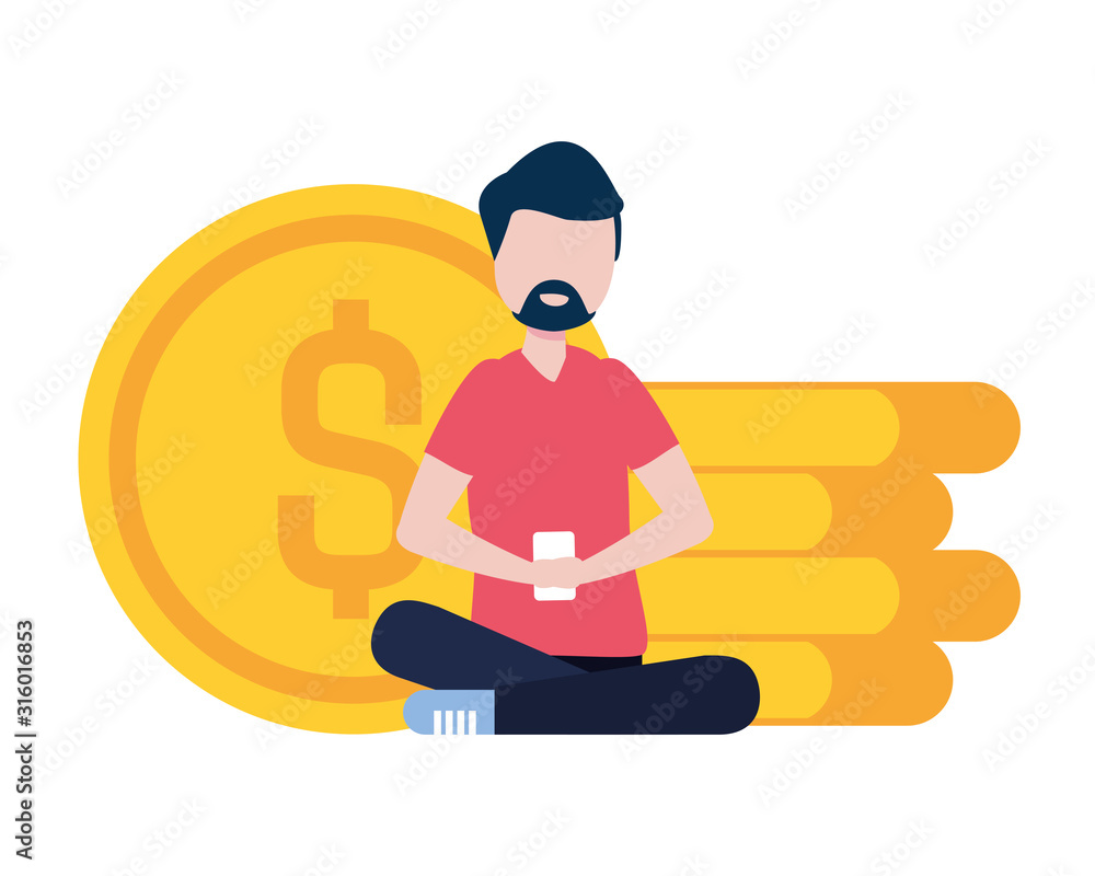 Poster man with smartphone and coins avatar character