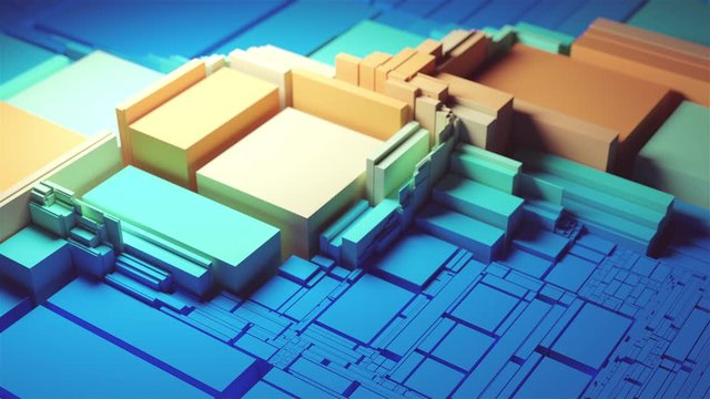 Abstract cg animation. Blocks wave motion. Shallow depth of field.