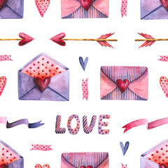 Seamless pattern with watercolor arrow, envelope, hearts, ribbon. Hand drawn illustration isolated on white. Template is perfect for Valentine's Day design, poster, fabric textile, wallpaper